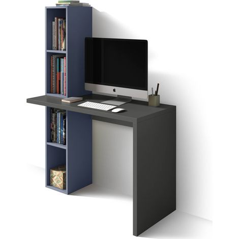 Escritorio modelo 639 de la colección NELLE Grafito y Azul, encimera en cascada y estantería lateral, de Herdasa