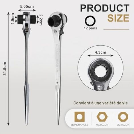 2 clés à cliquet réversibles pour échafaudage, poignée plate 17/19 mm + 19/22 mm, pour échafaudages CR-V, argent (1/3)