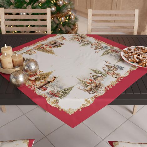 Centre de Table de Noël 90x90 cm, Tissu en Microfibre Doux et Résistant, Décoration Élégante pour Fêtes, Motif 'Vintage Xmas', 100% Fabriqué en Italie (1/3)