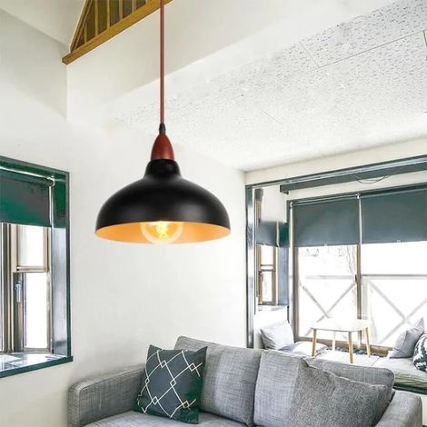 kawoo Lustre Industrielle Noir E27 Retro Lampe Suspension Vintage en Bois de noyer Style Edison pour Salon Chambre (1/4)