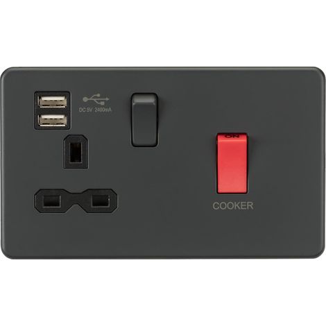 Compatible avec les interrupteurs bipolaires 45 A sans vis et les prises 13 A avec interrupteur, livré avec deux chargeurs USB (2,4 A) - Gris anthracite 230 V IP20 (1/5)