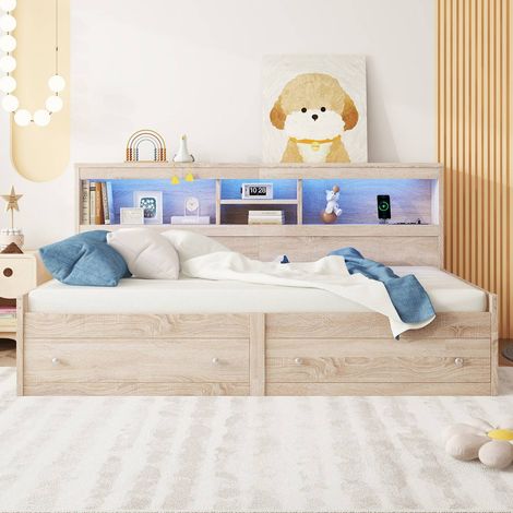 Canapé-lit 90x200 cm avec 2 tiroirs, ports usb, prises de chargement, éclairage d'ambiance et sommier – lit naturel