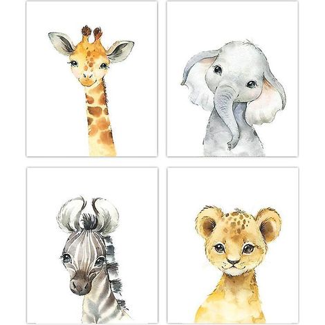 Lot de 4 affiches décoratives chambre enfant - posters fille ou garçon - animaux safari jungle - décoration murale format A4 - images girafe éléphant zèbre (1/5)
