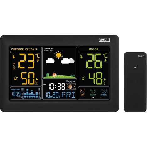 EMOS Stazione meteo radio con display a colori e sensore esterno, termometro, igrometro, barometro, previsioni meteo, visualizzazione data e orologio, sveglia, indicatore Smiley, alimentatore di rete (1/5)