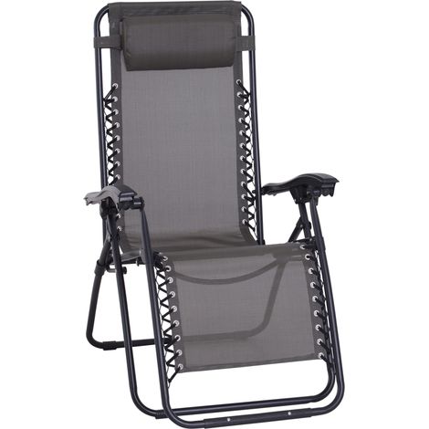 Outsunny Zero Gravity Chair Metal Frame Texteline Armchair Outdoor Folding and Reclining Sun Lounger with Head Pillow for Patio Decking Gardens Camping, Grey