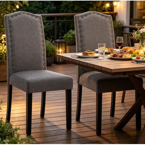 Set di 2 sedie da pranzo moderne in lino grigio scuro con schienale alto in legno (1/4)