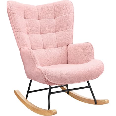 Fauteuil à bascule confortable en velours teddy – Dossier haut et accoudoirs rembourrés – Pieds en bois massif – rose–  575x53x93 cm (1/5)