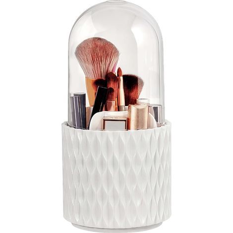 1 - Organisateur Maquillage - Rangement Pinceaux - Rotatif 360° - Avec Couvercle Anti-Poussière - Pour Salle De Bain Et Coiffeuse - Blanc - 25x12cm (1/5)