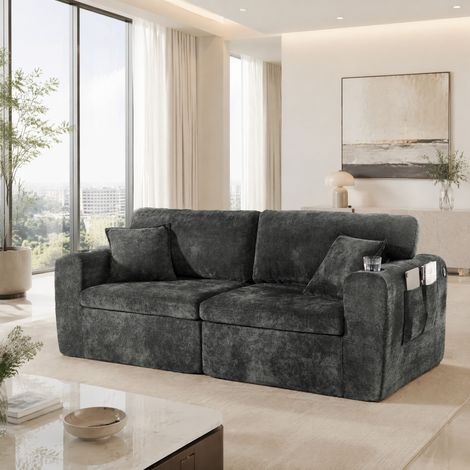 Divano relax 2 posti in ciniglia nero con USB, tasche laterali, portabicchieri e cuscini OKWISH (1/5)