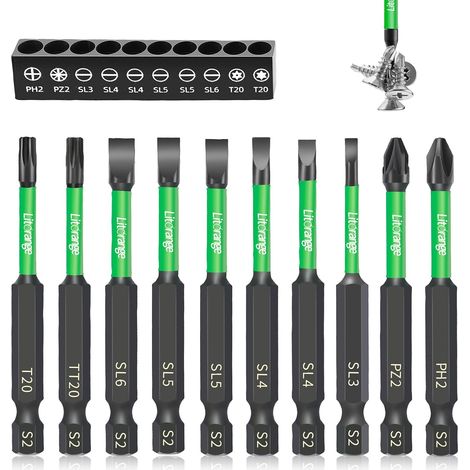 Litorange Lot de 10 embouts de tournevis à percussion longs de 70 mm, tournevis à tête plate avec tête magnétique puissante, tige hexagonale de 6,35 mm, PH2, PZ2, T20, TT20, SL3, SL4 x 2, SL5 x 2, SL6 (1/5)