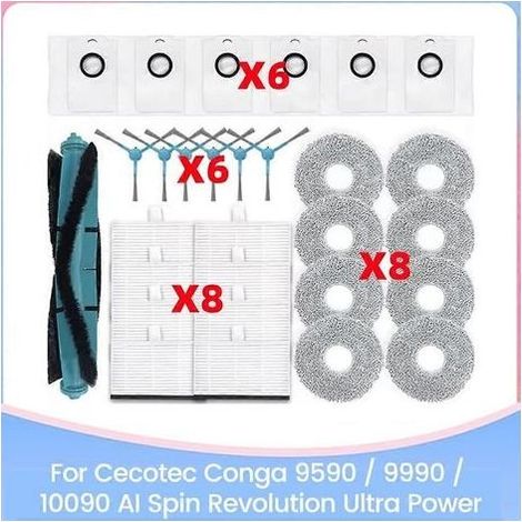 Ensemble de 29 pièces pour aspirateurs Cecotec Conga 9590/9990/10090 AI Spin Revolution Ultra Power : brosse, filtre HEPA, chiffon et sac à poussière. (1/5)