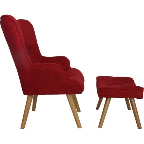 Poltrona e pouf in tessuto con gambe in legno seduta imbottita Rosso (1/2)