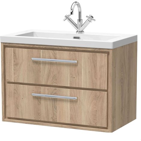 Longnor 2 Drawer Wall Hung Vanity Unit with 1 Tap Hole Modern Fireclay Basin, Light Oak, 800mm