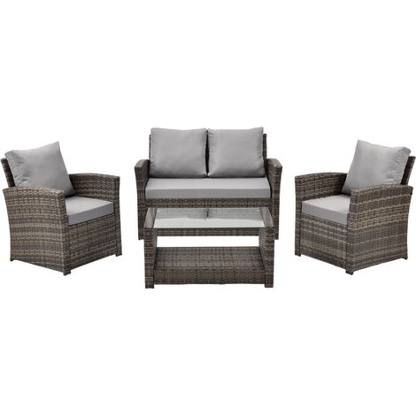 Svita – Ensemble salon de jardin en poly rotin brun – 1 table avec plateau en verre 86x53x42cm – 2 fauteuils et 1 canapé 120cm – Coussins amovibles (1/5)
