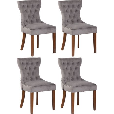 Lot de 4 chaises de salle à manger style Chesterfield dossier capitonné en velours gris et pieds en bois clair 100008641