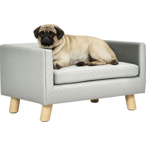 Canapé chien lit design scandinave, coussin moelleux, pieds bois massif 64x45x36 cm, velours gris (1/5)