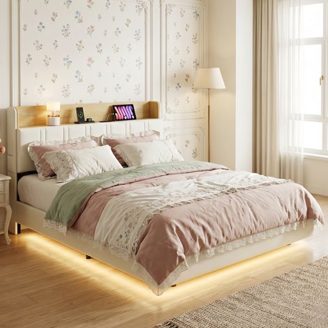 Lit adulte capitonné 140x190 cm, Cadre de lit flottant - lumières LED et de 2 ports USB, tête de lit rangement - Scandinave, Blanc