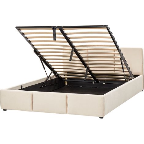 Bett mit Bettkasten Hellbeige Samt Gepolstert 140 x 200 cm Lattenrost Hochklappbar Hohes Kopfteil Modern Schlafzimmer Möbel Ausstattung