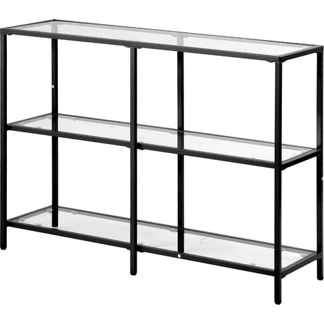 Table console en verre 3 niveaux, moderne, avec plateau en verre trempé et pieds en fer dorés, dispositif anti-bascule, pour salon, couloir, entrée, noir. (1/5)