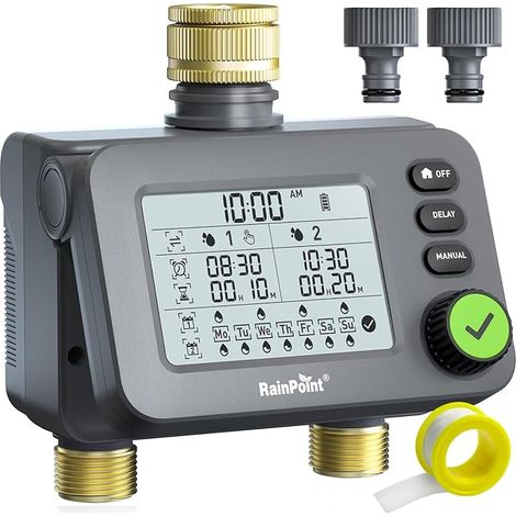 RAINPOINT Programmateur Arrosage 2 Sorties, Minuteur Arrosage Automatique avec Entrée et Sortie en Laiton, Retard de Pluie/Mode Automatique et Manuel, étanche IP54/Grand écran LCD, pour Jardin (1/5)