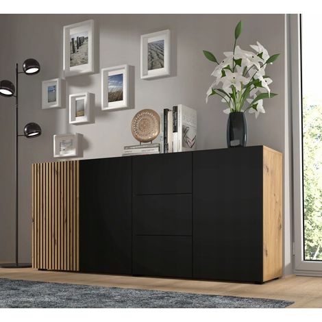 Commode de rangement Meuble Noir/Chêne artisanale 180x42x82cm AURIS 3D3S (1/3)