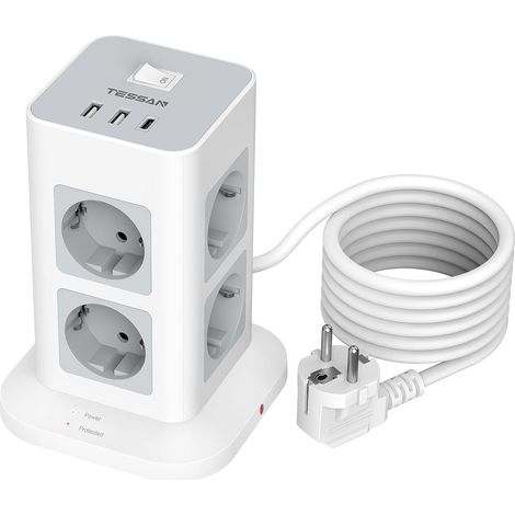 Multiprise avec Interrupteur, Rallonge Electrique 2M, Gris Prise Multiple 8 Sorties AC avec 1 USB,C et 2 USB A, Parafoudre et Surtension, 3600W Tour Multiprise pour Maison, Bureau (1/5)