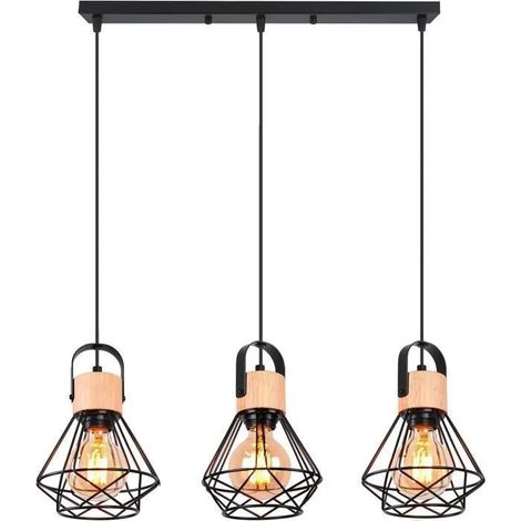 3 Lustres Suspension Luminaire Industrielle, 16CM Vintage Suspension en Fer et Bois Rétro Cage Design Noir pour Salon Chambre (1/5)