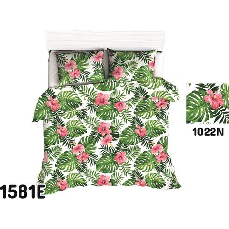 Bettwäsche-Set 140x200 1581E weiß grün Palmenblätter bunte Blumen 1022N