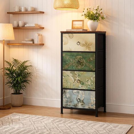 Commode de rangement vintage à 4 tiroirs en tissu, 45 x 95 x 30 cm, métal et bois, multicolore (1/5)