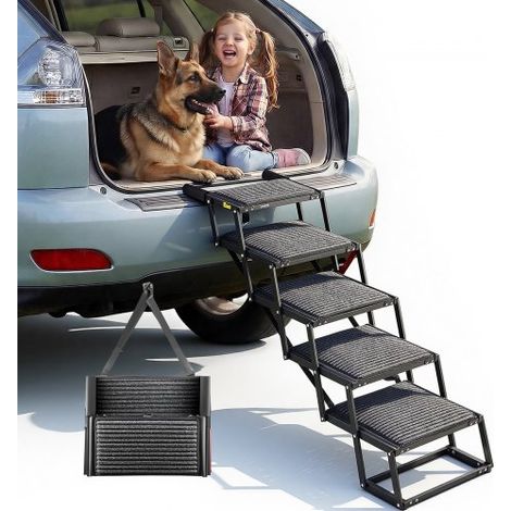 Hundetreppe Auto Klappbar 5-Stufig, Extra Breite Hunderampe für Große Hunde mit Weichem Filzteppich, Tragbare Einstiegshilfe für Auto, SUV, LKW, Hochbett, Sofa, Tragkraft bis 90 kg (1/5)