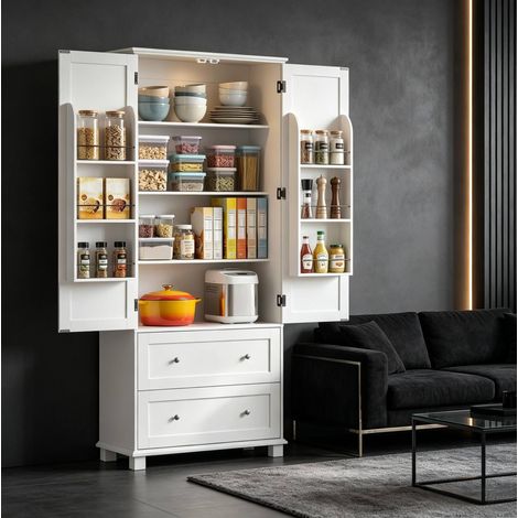 Aparador de cocina FloraGrace de MDF blanco 80x39,5x184,5 cm con almacenaje (1/5)