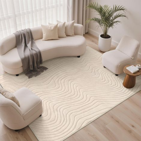 Tapis Salon Beige 240x300 cm Crème Vagues Moderne 3D Crème antidérapant lavable en machine, doux et confortable pour chambre, séjour et salle à manger (1/5)
