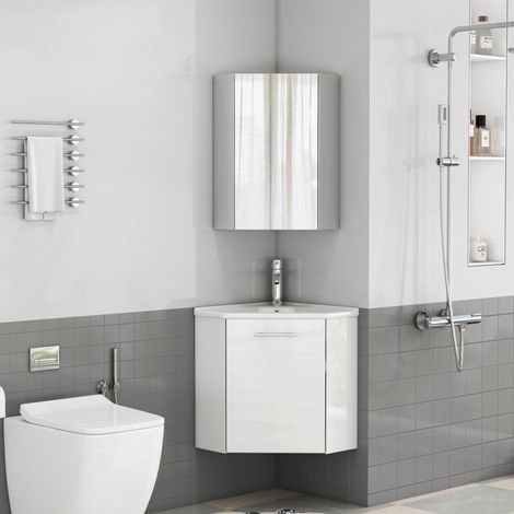 Mueble de baño esquinero con lavabo de cerámica y armario con espejo, blanco brillante, MDF (1/5)