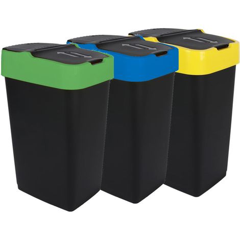 Spetebo – Lot de 3 poubelles tri sélectif 18 litres – Couvercle pivotant – Dimensions 43x29x23cm – Plastique noir avec couvercles colorés