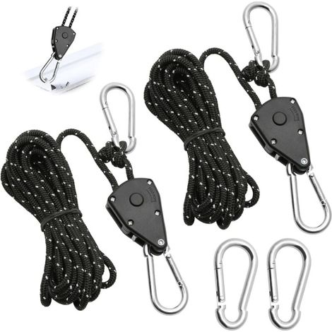 2 Pièces Corde à Cliquet Réglable 4M, Poulie à Cliquet Noir 1/8 avec 2 Replacement Crochets, Tendeur de Corde à Cliquet Réfléchissante pour Lampe Plantes Tente Randonnée (1/5)