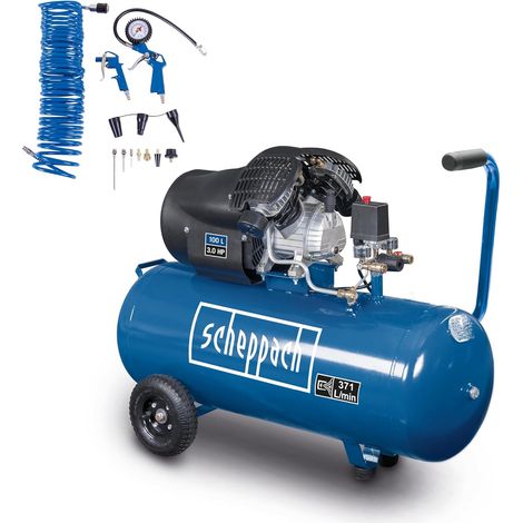 Scheppach Compresseur d’air HC120DC - 230 V - 2200 W/3,0 PS - 10 bar - Cuve 100L - Débit d’aspiration 371L/min – Double cylindre + 14 accessoires