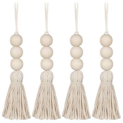 4Pcs Gland Perles en Bois Ferme Perles Glands Perles de Prière Naturelles Coton Ligne Décorative Tenture Murale Pompon Perle Pendentif pour Placard Armoire Porche (1/5)