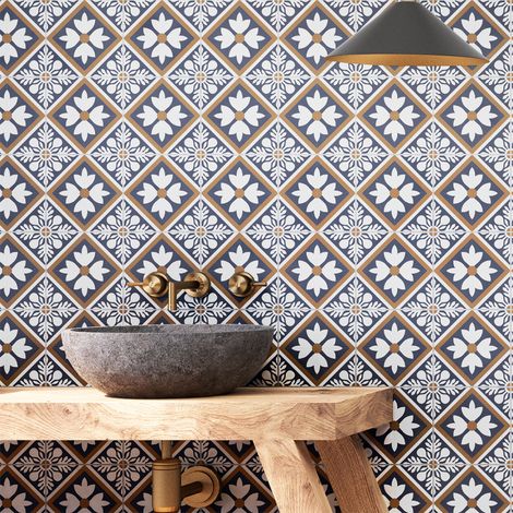 Sticker Mural Carrelage adhésif Cuisine Salle de Bain - 24 STICKERS CARREAUX DE CIMENT AZULEJOS BEATRIZ - 24stickers10x10cm (1/5)