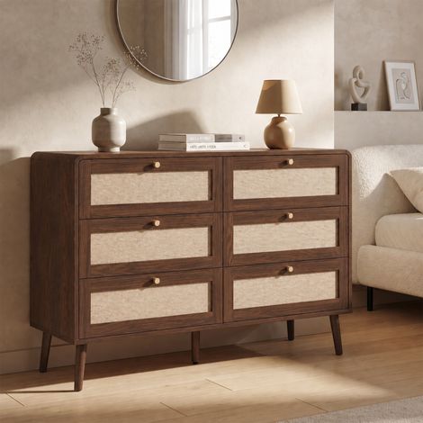 Modernluxe - Commode avec 6 tiroirs 120x40x80cm - Finition texturée noyer et osier - Angles arrondis - MDF - Marron (1/5)