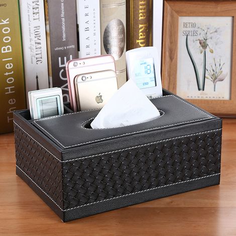 Ahlsen Caja de almacenamiento multifuncional de cuero PU, lápiz, bolígrafo, soporte para pañuelos con Control remoto para el hogar y la Oficina, color negro (1/5)