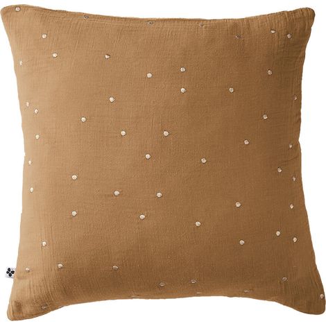 OUREA MOTIF - Taie d'Oreiller 60x60cm Gaze de Coton Camel à Pois Dorés (1/5)