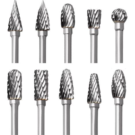 Jeu de Fraises en Carbure de Tungstène pour Dremel, 10 Pièces Fraises Rotatives à Double Coupe avec Tige de 1/8" pour Sculpture sur bois, Gravure, Perçage, Polissage, Travail du métal (1/5)