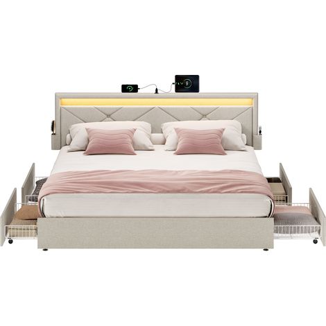 Vasagle – Lit double 160 x 200 cm avec éclairage LED – 4 tiroirs de rangement – Tête de lit rembourrée ajustable – Structure en métal beige cappuccino