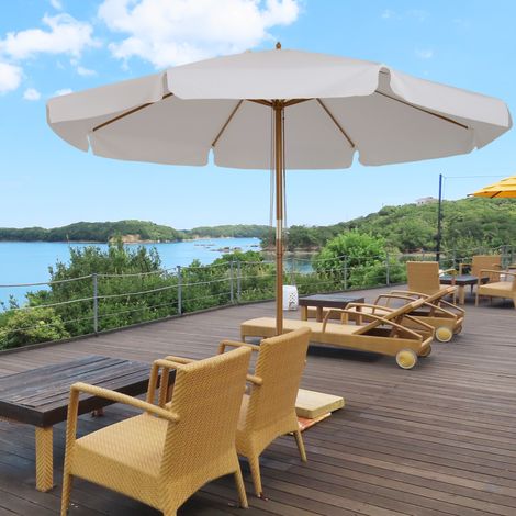 Parasol rond en bambou Ø 3 m crème, grand parapluie droit pour jardin, voile d'ombrage en bois, store extérieur terrasse