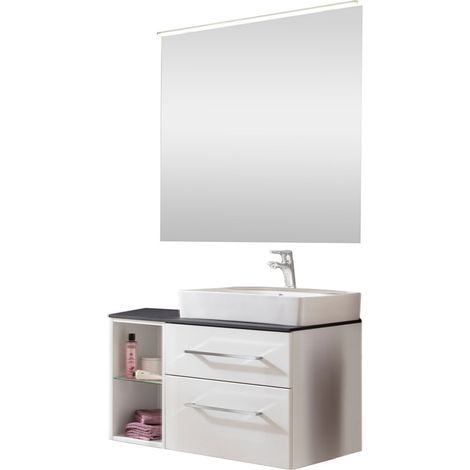 Fackelmann OXFORD Badmöbel Set 7 Teile / Waschbecken / Waschtischunterschrank / Regal / Waschtischplatte schwarz / Armatur / Spiegel mit LED-Aufsatzleuchte / Korpus & Front: Weiß / Breite ca. 90 cm"-" (1/5)
