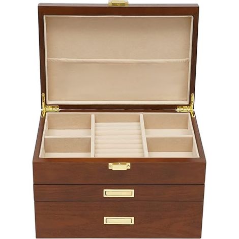 Coffret Boîte à bijoux en bois massif à 3 couches avec serrure et miroir pour bijoux, bagues, boucles d'oreilles, marron (1/5)