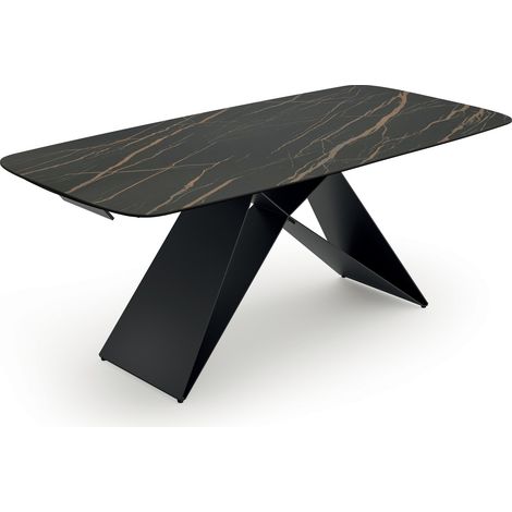 Tavolo Allungabile Thanos X - Piano in Ceramica Marmo Portoro Nero, Struttura Metallo Verniciato Nero, 200-280x100 cm, Design Moderno (1/4)