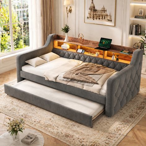 Sofa-Bett 90x190 cm ausziehbar mit Stauraum, LED-Beleuchtung und USB-Anschluss, praktisches Gästebett aus Samt mit Lattenrost, Grau (1/5)