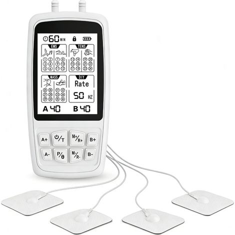 Wiederaufladbares 4-in-1-EMS-Massagegerät mit zwei Kanälen und 37 Programmen für Nacken, Rücken, Schultern und Beine. Kompaktes Format, ideal für zu Hause und unterwegs. Weiß. – AquaForge