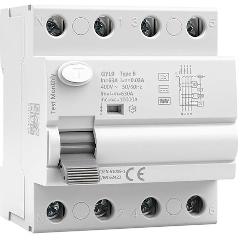 Disjoncteur Differentiel 30mA 63A Type B AC400V Interrupteur Différentiel RCCB Disjoncteurs électriques Rail DIN pour systèmes Photovoltaïques et Stations de Recharge(GYL9-4P-63A-0.03A) (1/5)
